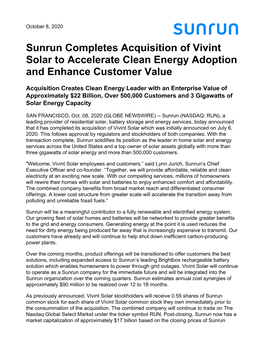Sunrun Completes Acquisition of Vivint Solar to Accelerate Clean Energy Adoption and Enhance Customer Value