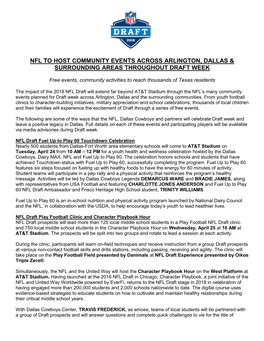 Nfl to Host Community Events Across Arlington, Dallas & Surrounding Areas Throughout Draft Week