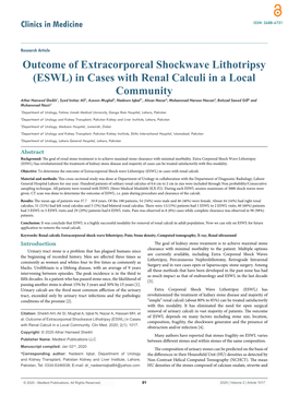 Outcome of Extracorporeal Shockwave Lithotripsy (ESWL) in Cases with Renal Calculi in a Local Community