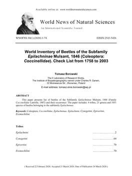(Coleoptera: Coccinellidae). Check List from 1758 to 2003