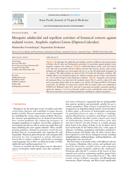 Mosquito Adulticidal and Repellent Activities of Botanical Extracts Against Malarial Vector, Anopheles Stephensi Liston