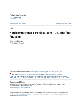 Nordic Immigrants in Portland, 1870-1920 : the First Fifty Years" (1981)