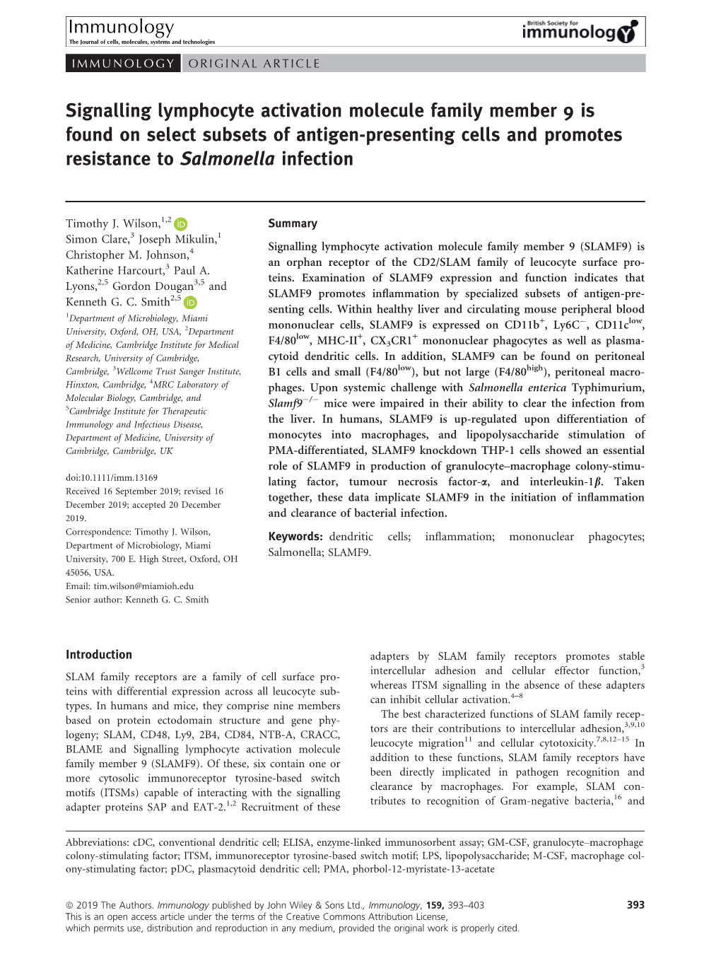 Signalling Lymphocyte Activation Molecule Family Member 9 Is Found on Select Subsets of Antigen-Presenting Cells and Promotes Resistance to Salmonella Infection