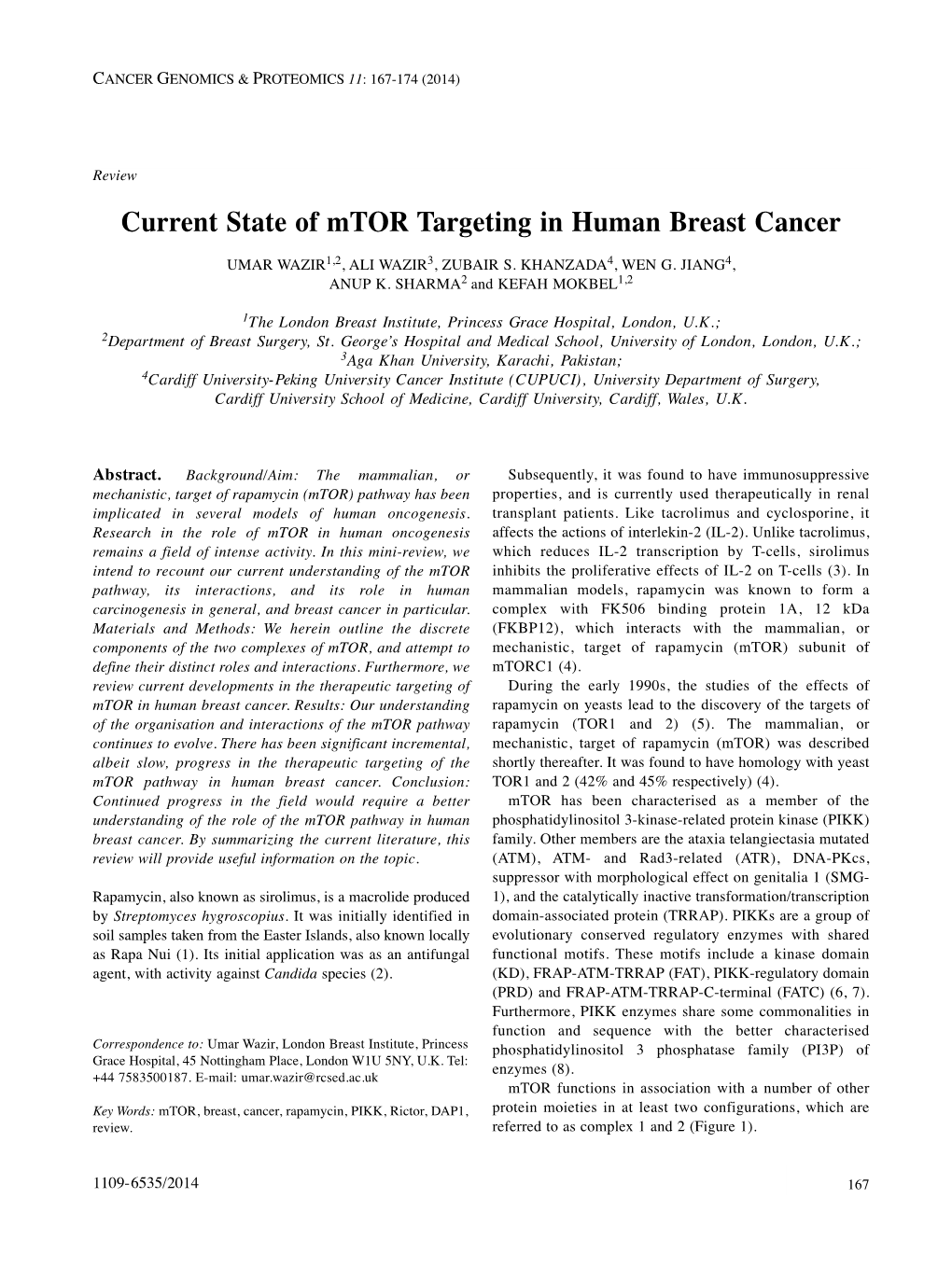 Current State of Mtor Targeting in Human Breast Cancer UMAR WAZIR 1,2 , ALI WAZIR 3, ZUBAIR S