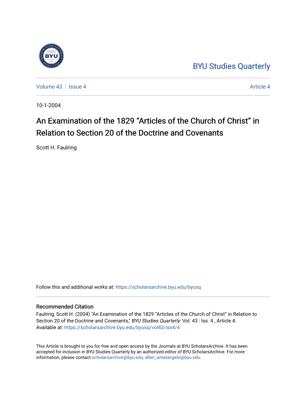 Articles of the Church of Christ” in Relation to Section 20 of the Doctrine and Covenants