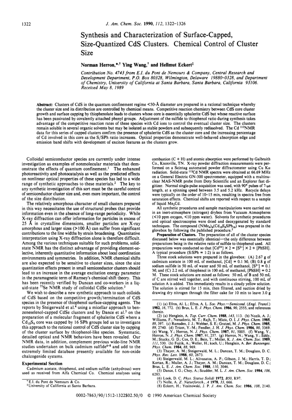 Synthesis and Characterization of Surface-Capped, Size-Quantized Cds Clusters