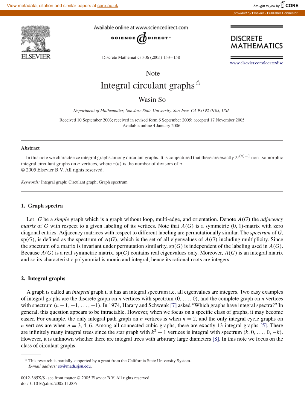 Integral Circulant Graphsଁ Wasin So