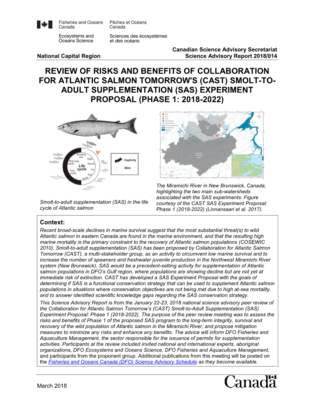 Cast) Smolt-To- Adult Supplementation (Sas) Experiment Proposal (Phase 1: 2018-2022)