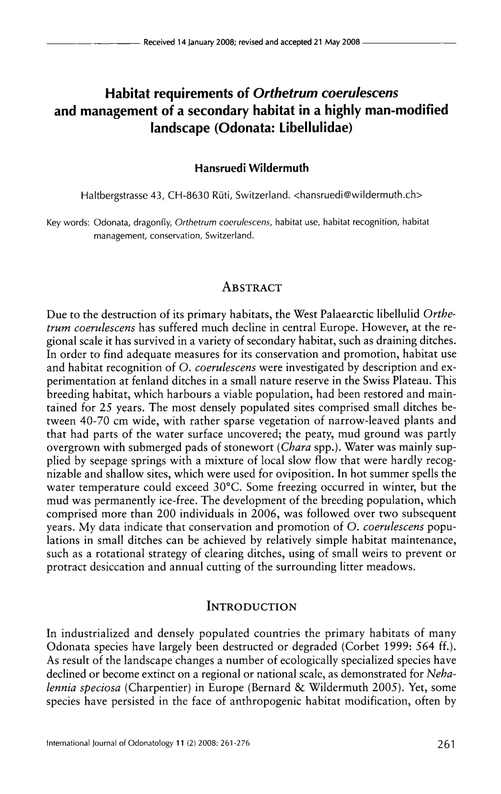 Habitat Requirements of Orthetrum Coerulescens and Management of a Secondary Habitat in a Highly Man-Modified Landscape (Odonata: Libellulidae)