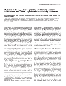 Mutation of the 2A-Adrenoceptor Impairs Working Memory Performance and Annuls Cognitive Enhancement by Guanfacine
