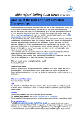 Abbotsford Sailing Club News 0 7/04/2021 Wrap-Up of the 85Th 12Ft Skiff Australian Championships