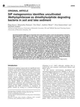 SIP Metagenomics Identifies Uncultivated Methylophilaceae As Dimethylsulphide Degrading Bacteria in Soil and Lake Sediment