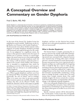 A Conceptual Overview and Commentary on Gender Dysphoria