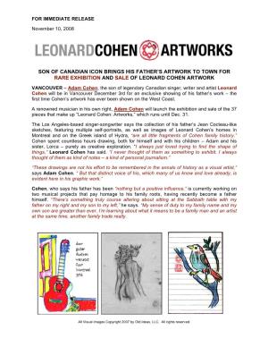 Son of Canadian Icon Brings His Father's Artwork to Town for Rare Exhibition and Sale of Leonard Cohen Artwork