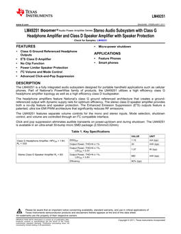 LM49251 Stereo Audio Subsystem with Class G Headphone Amplifier and Class D Speaker Amplifier with Speaker Protection Check for Samples: LM49251