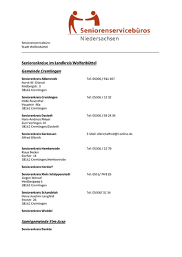 Seniorenkreise Im Landkreis Wolfenbüttel Gemeinde Cremlingen