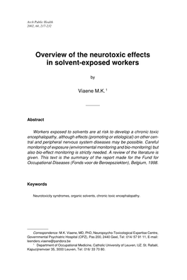 Overview of the Neurotoxic Effects in Solvent-Exposed Workers