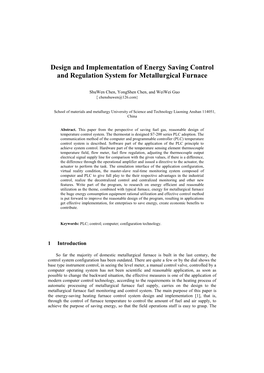 Design and Implementation of Energy Saving Control and Regulation System for Metallurgical Furnace