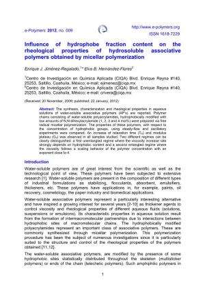 Influence of Hydrophobe Fraction Content on the Rheological Properties of Hydrosoluble Associative Polymers Obtained by Micellar Polymerization