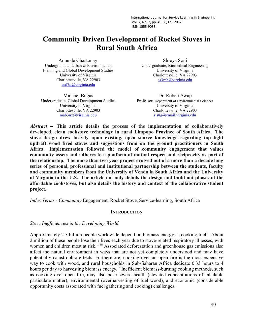 Community Driven Development of Rocket Stoves in Rural South Africa