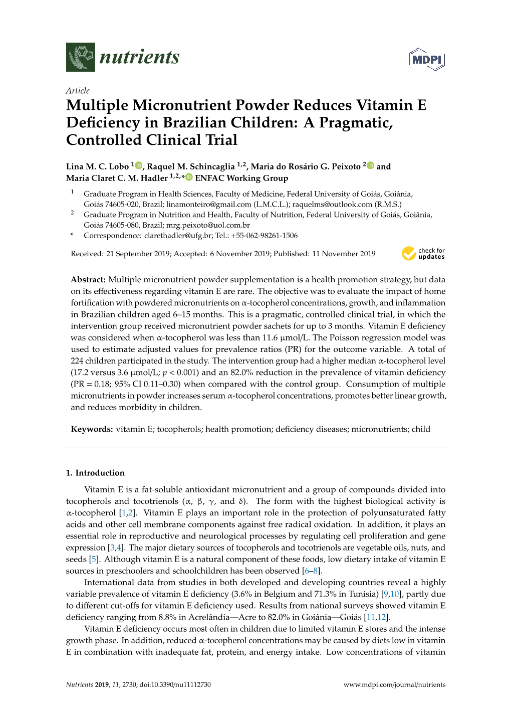 Multiple Micronutrient Powder Reduces Vitamin E Deficiency In