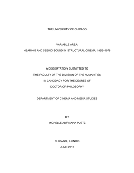 The University of Chicago Variable Area: Hearing and Seeing Sound in Structural Cinema, 1966–1978 a Dissertation Submitted To