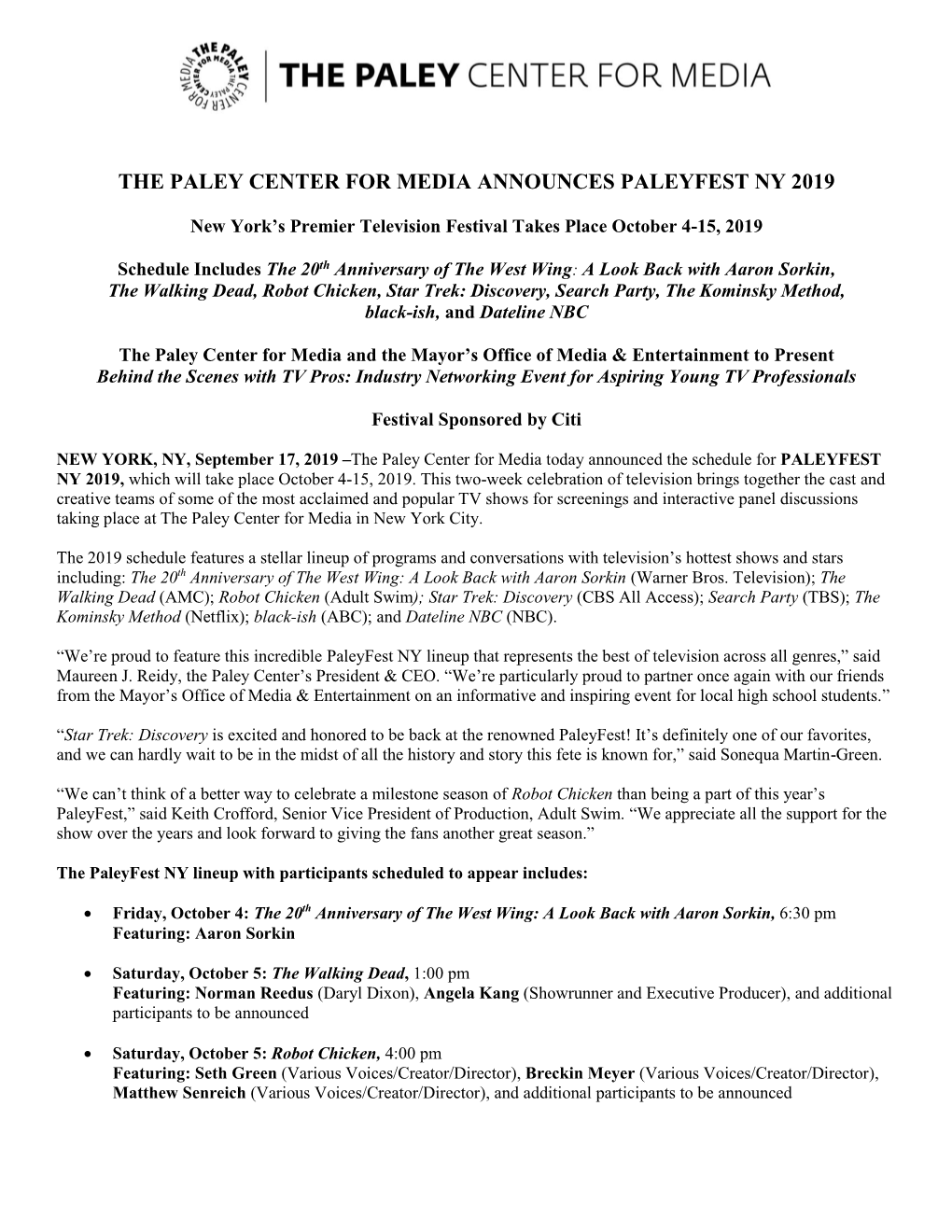 The Paley Center for Media Announces Paleyfest Ny 2019