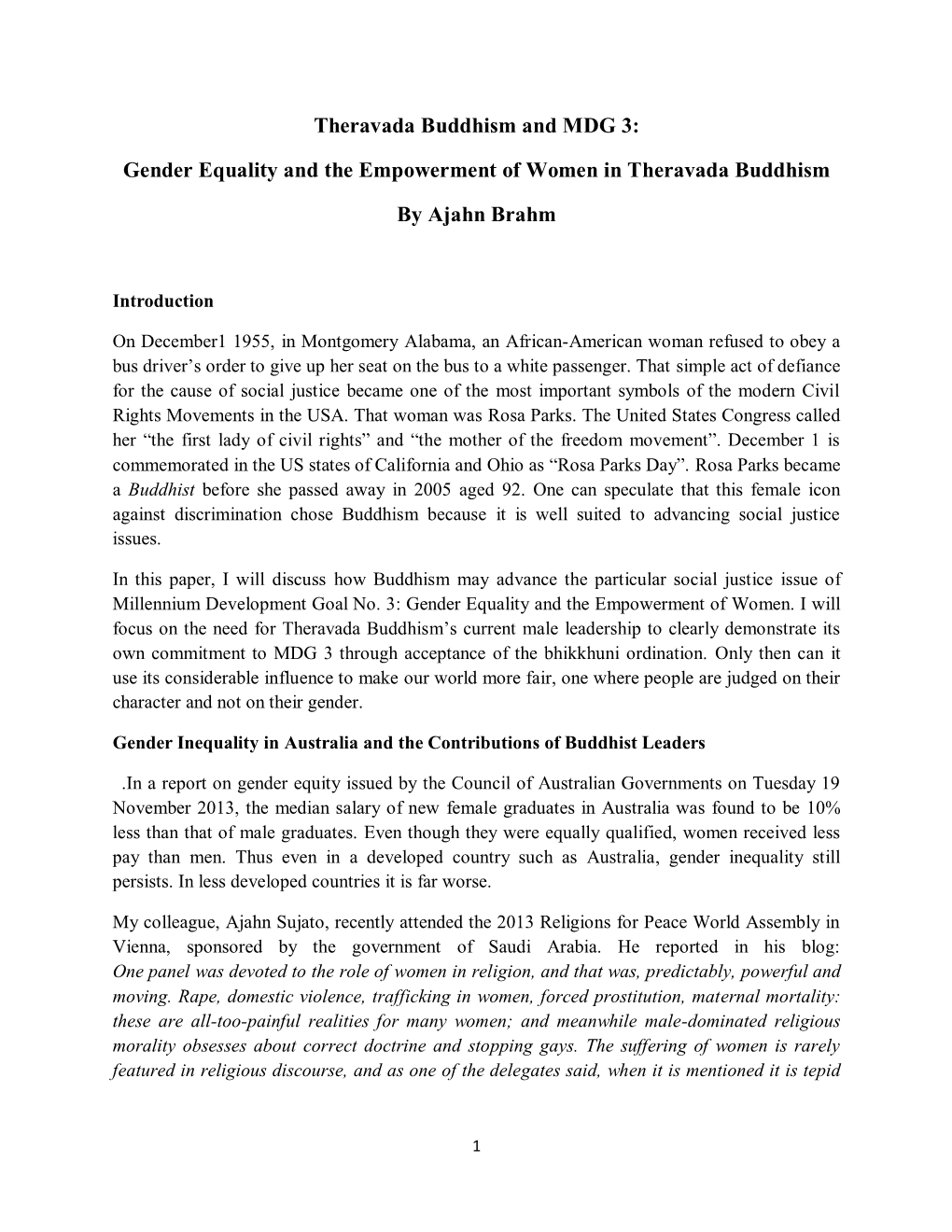 Theravada Buddhism and MDG 3: Gender Equality and The