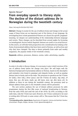 The Decline of the Distant Address De in Norwegian During the Twentieth Century