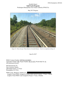 FTA WMATA Safetrack Project Management Oversight Report May