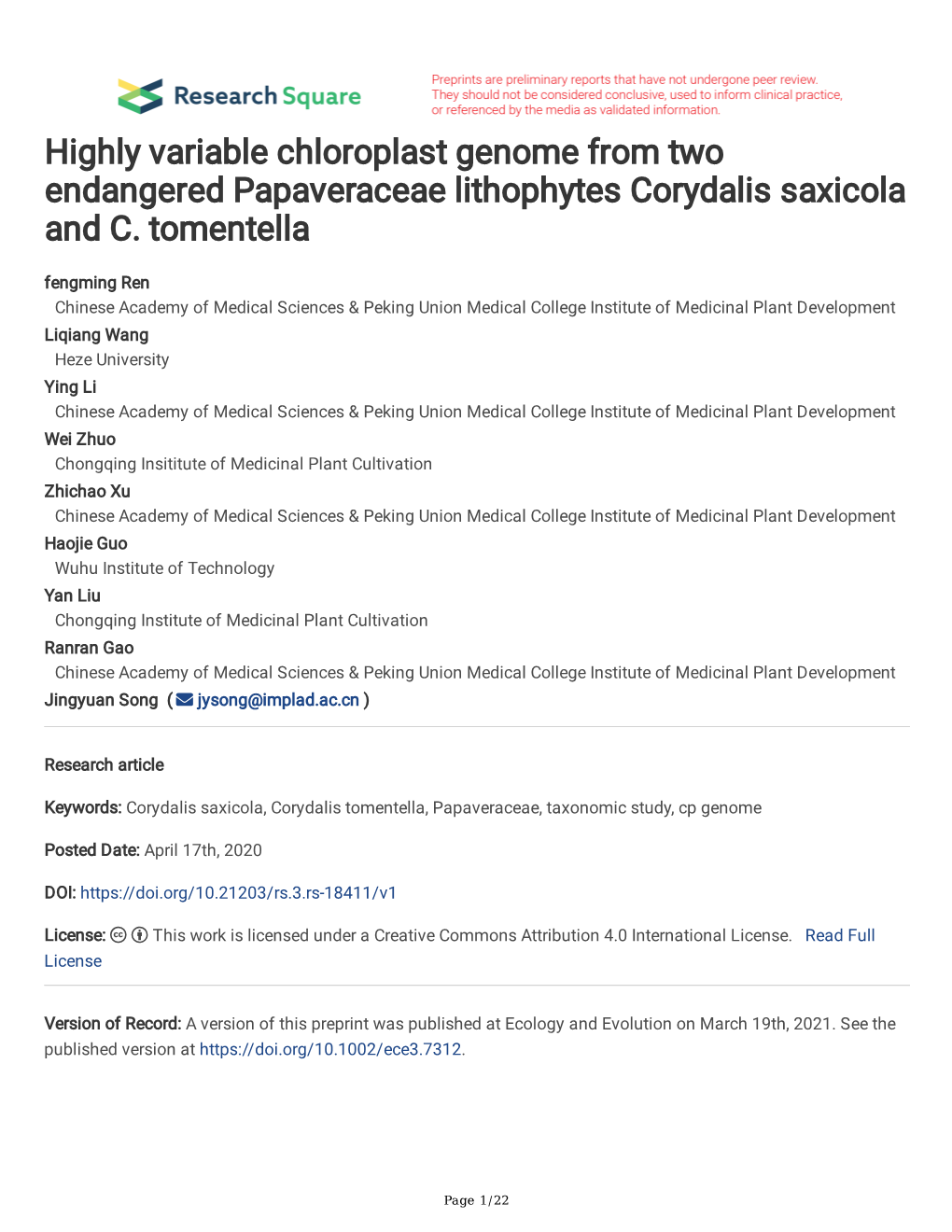 Highly Variable Chloroplast Genome from Two Endangered Papaveraceae Lithophytes Corydalis Saxicola and C