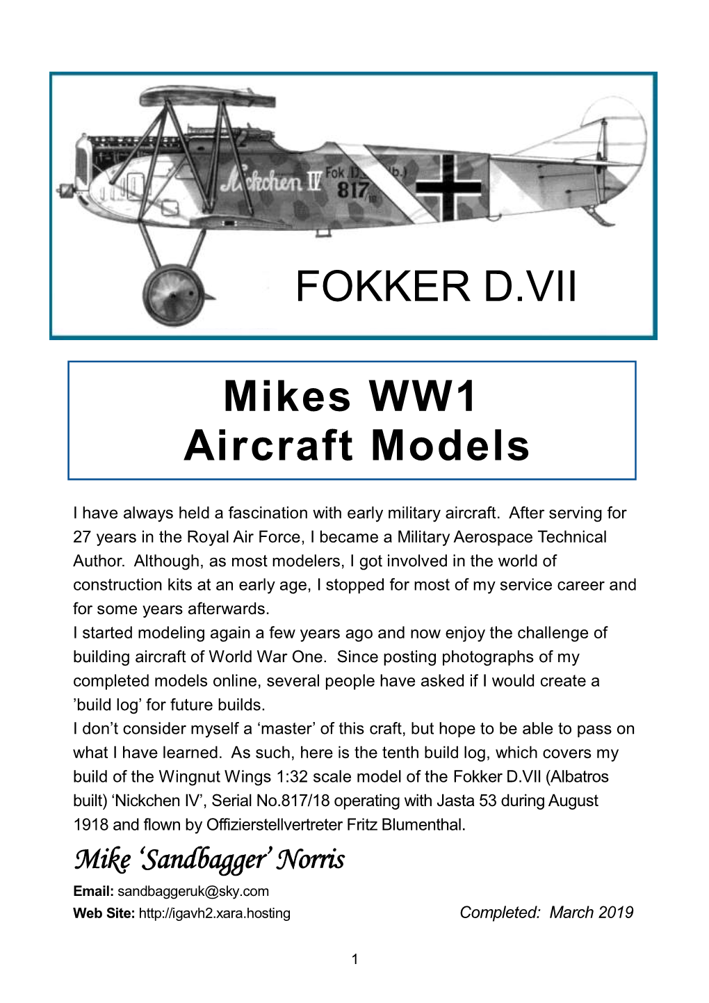 Mikes WW1 Aircraft Models FOKKER D.VII