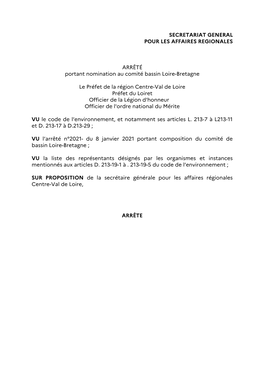 Arrêté Portant Nomination Au Comité Bassin Loire Bretagne