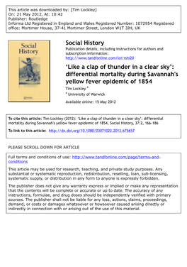 Differential Mortality During Savannah's Yellow Fever Epidemic of 1854 Tim Lockley a a University of Warwick Available Online: 15 May 2012
