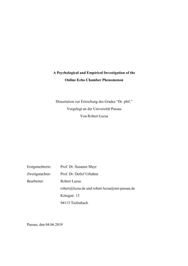 A Psychological and Empirical Investigation of the Online Echo Chamber Phenomenon Dissertation Zur Erreichung Des Grades “Dr