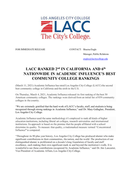 LACC RANKED 2Nd in CALIFORNIA and 6Th NATIONWIDE in ACADEMIC INFLUENCE’S BEST COMMUNITY COLLEGE RANKINGS
