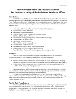 Recommendations of the Faculty Task Force for the Restructuring of the Division of Academic Affairs