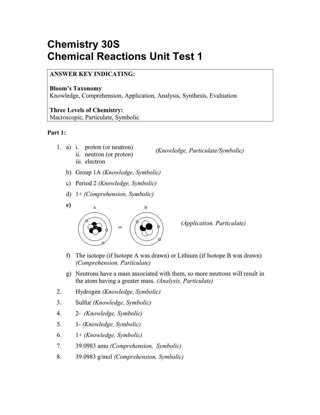 Chemical Reactions Unit Test 1