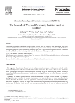 The Research of Weighted Community Partition Based on Simhash