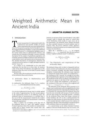 Weighted Arithmetic Mean in Ancient India ̊І ˨Ͻ˨Ξϑі˨ ͬϞͻ˨Ξ ̙Ϟϑϑ˨