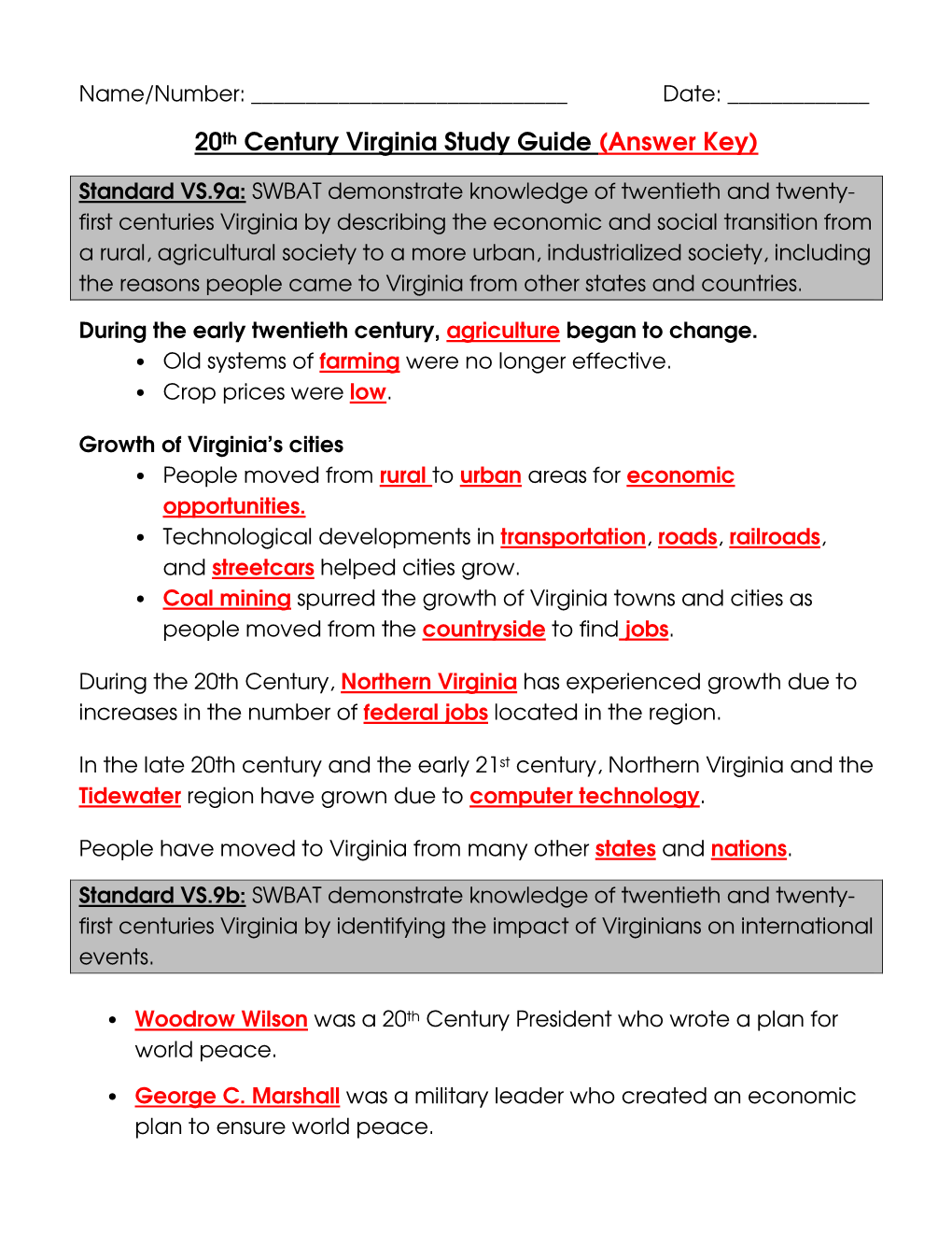 20Th Century Virginia Study Guide (Answer Key)