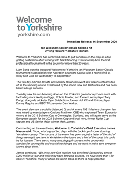 Immediate Release: 16 September 2020 Ian Woosnam Senior Classic