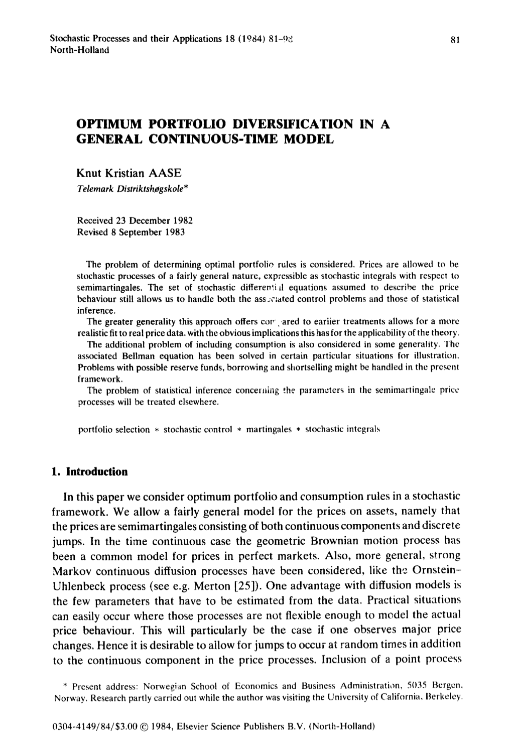 Optimum Portfolio Diversification in a General Continuous-Time Model