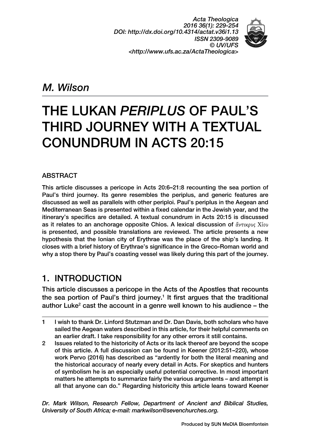 The Lukan Periplus of Paul's Third Journey with A