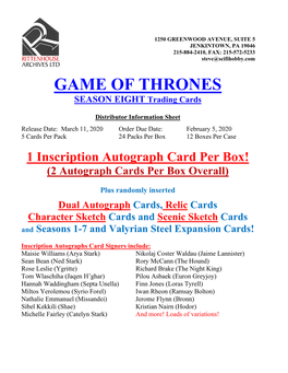Rittenhouse Game of Thrones Season 8 Trading Cards