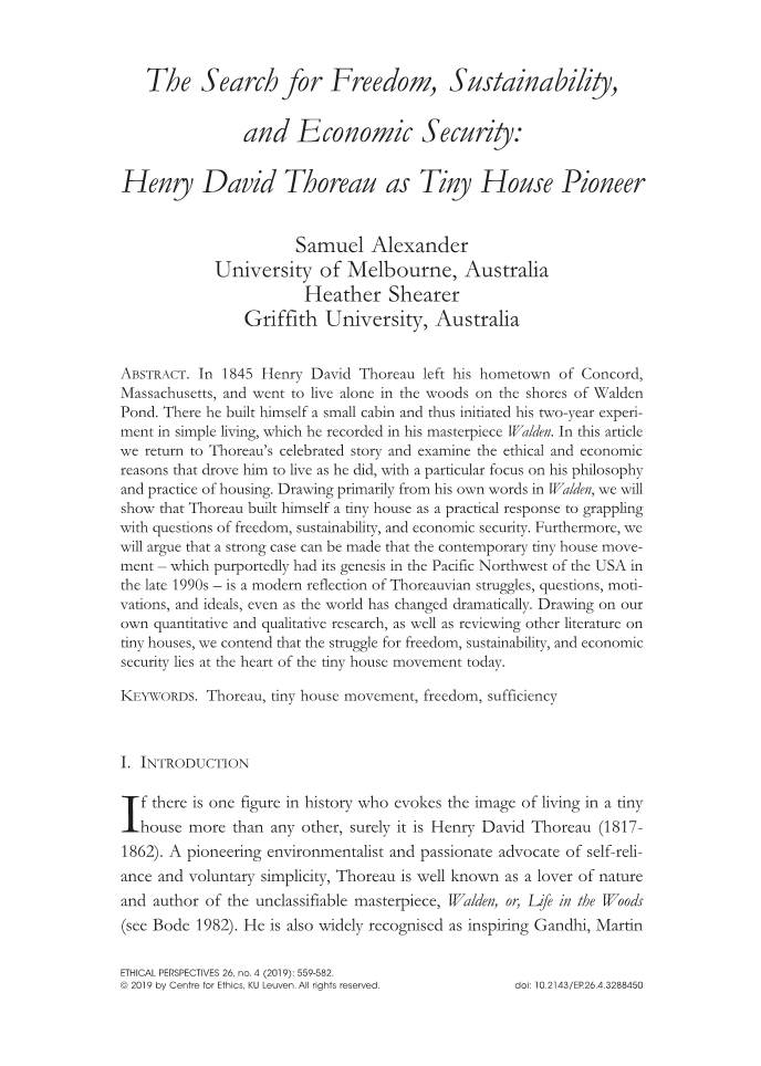 The Search for Freedom, Sustainability, and Economic Security: Henry David Thoreau As Tiny House Pioneer