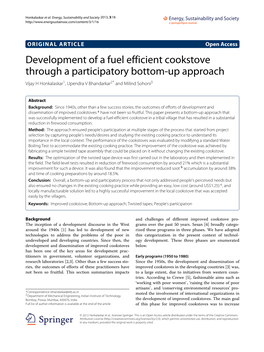 Development of a Fuel Efficient Cookstove Through a Participatory Bottom-Up Approach Vijay H Honkalaskar1, Upendra V Bhandarkar2* and Milind Sohoni3