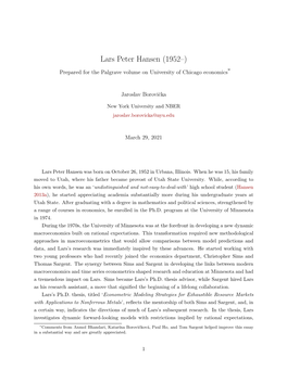 Lars Peter Hansen (1952–) * Prepared for the Palgrave Volume on University of Chicago Economics