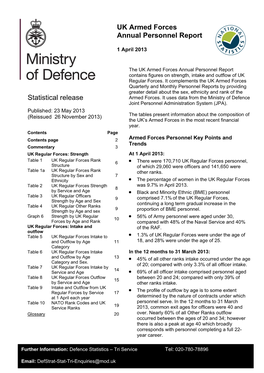 Statistical Release UK Armed Forces Annual Personnel Report