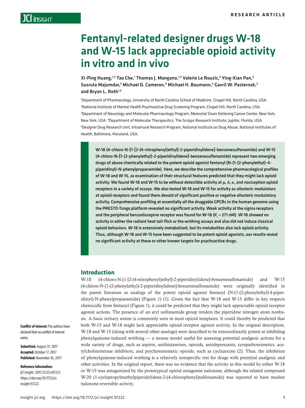 Fentanyl-Related Designer Drugs W-18 and W-15 Lack Appreciable Opioid Activity in Vitro and in Vivo